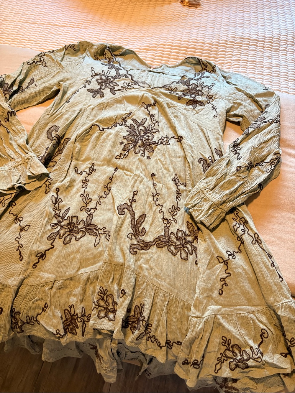 Free People Boho Embroidered Long-Sleeve Tiered Dress - Sage Green